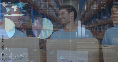 Image of data processing over diverse male and female volunteers laughing at warehouse