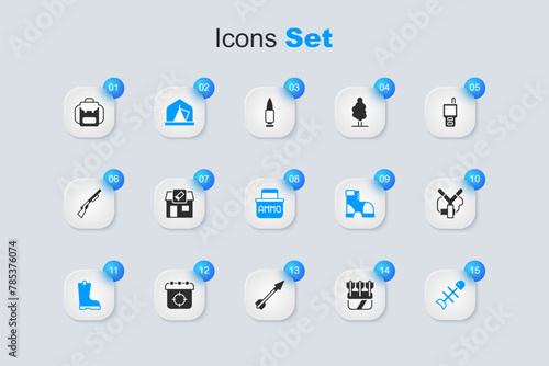 Set Quiver with arrows, Hunting shop, Tourist tent, Waterproof rubber boot, Dead fish, Slingshot, Hiking backpack and Ammunition box icon. Vector