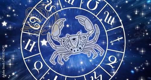 Image of cancer over rotating zodiac wheel over cosmos