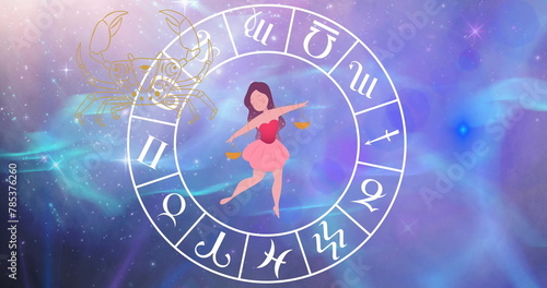 Image of horoscope symbols over stars on blue background photo