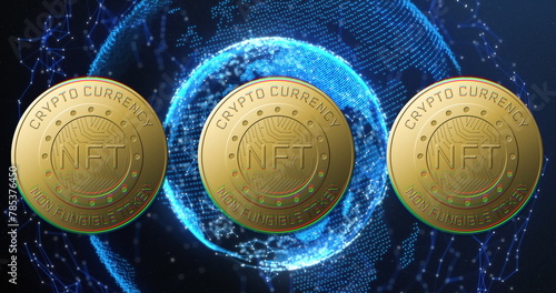 Image of nft text on golden coins and globe over dark background photo