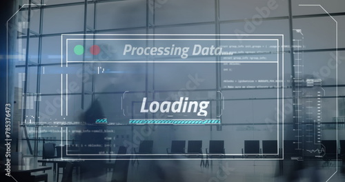 Image of interface screen with data loading over fast motion office workers walking in building