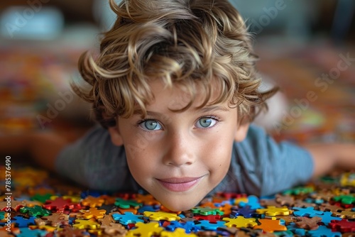 A boy on the background of a colorful puzzle . Autism Recognition Day. The Art of Studying Autism