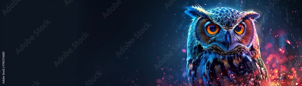 Neon glowing owl, vibrant phantasmal colors, casting an iridescent aura in the dark night Neon glowing owl, vibrant phantasmal colors, casting an iridescent aura in the dark night