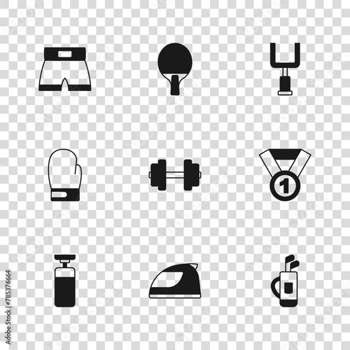 Set Racing helmet, Medal, Golf bag with clubs, Dumbbell, American football goal post, Boxing short, Racket and glove icon. Vector