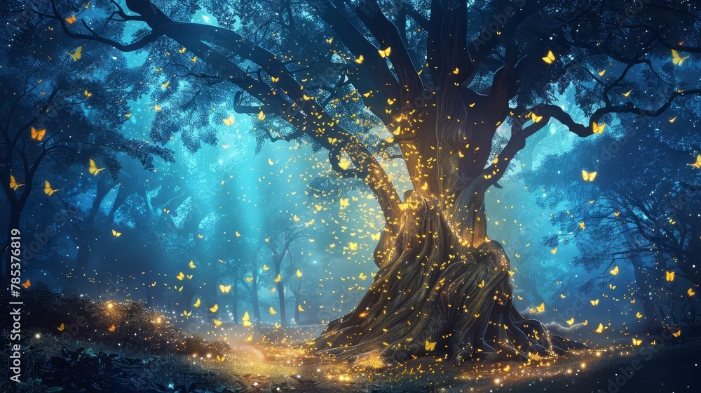 enchanted forest with glowing fireflies and a mystical ancient tree fantasy digital painting