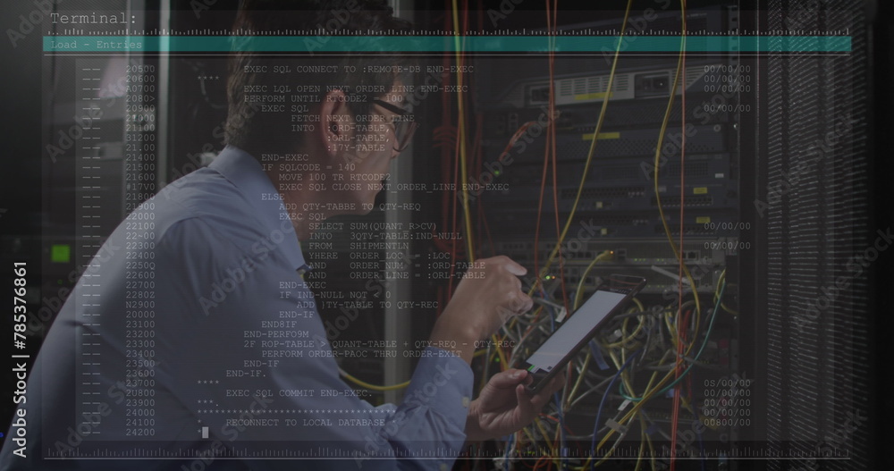Image of data processing over asian male worker in server room Image of data processing over asian male worker in server room