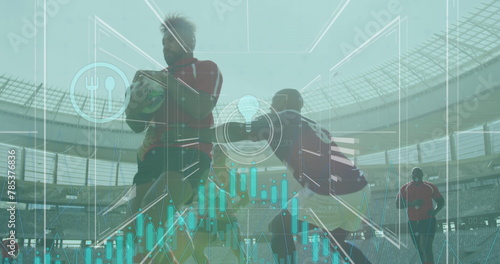 Image of data processing and icons over diverse rugby players at stadium