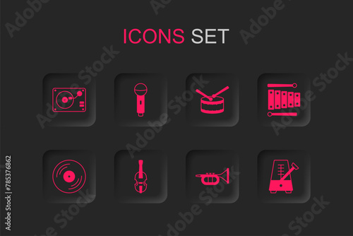 Set Violin, Microphone, Vinyl player with vinyl disk, Trumpet, Xylophone, Metronome pendulum, Drum drum sticks and icon. Vector