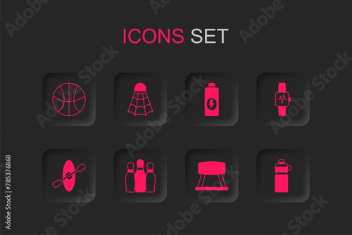 Set Bowling pin, Badminton shuttlecock, Basketball ball, Pommel horse, Smart watch with heart, Fitness shaker, and Kayak and paddle icon. Vector