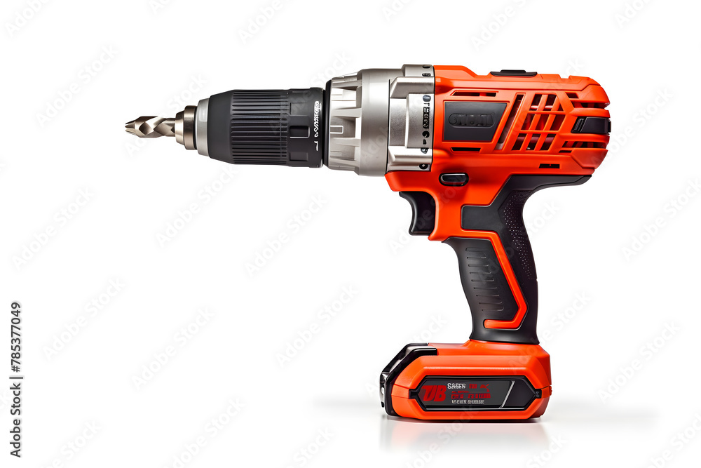 Cordless drill with a sharp metal drill, isolated on white background Cordless drill with a sharp metal drill, isolated on white background