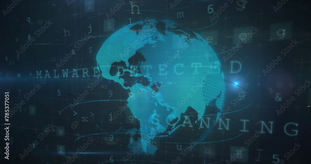 Fototapeta premium Image of globe, virus warning and digital padlock on black background