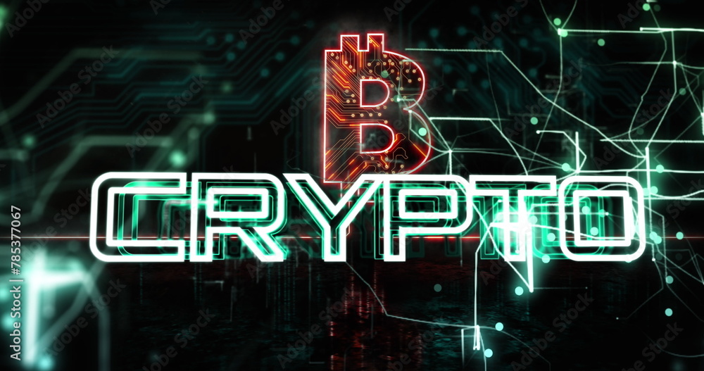 Image of crypto text over bitcoin icon with computer circuit board on black background