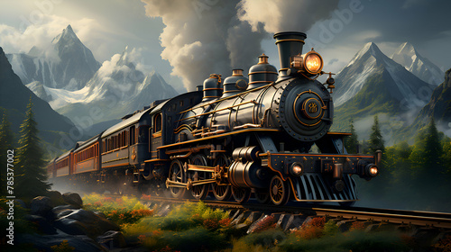 Steam locomotive in the mountains. Digital painting. 3d illustration