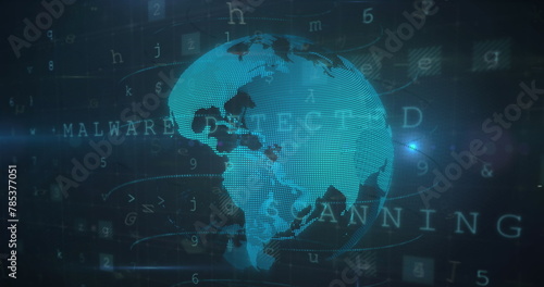 Image of globe, virus warning and digital padlock on black background