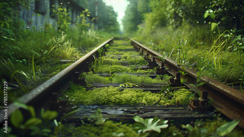 overgrown railroad tracks. a broken old train, worn out by age