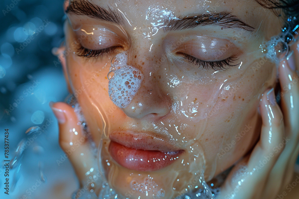 A person using a gentle facial cleanser to remove dirt and impurities from their skin, with water flowing softly promoting clean and clear complexion A person using a gentle facial cleanser to remove dirt and impurities from their skin, with water flowing softly promoting clean and clear complexion
