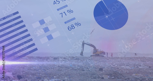 Image of multiple graphs with database moving over bulldozer unloading garbage at landfill