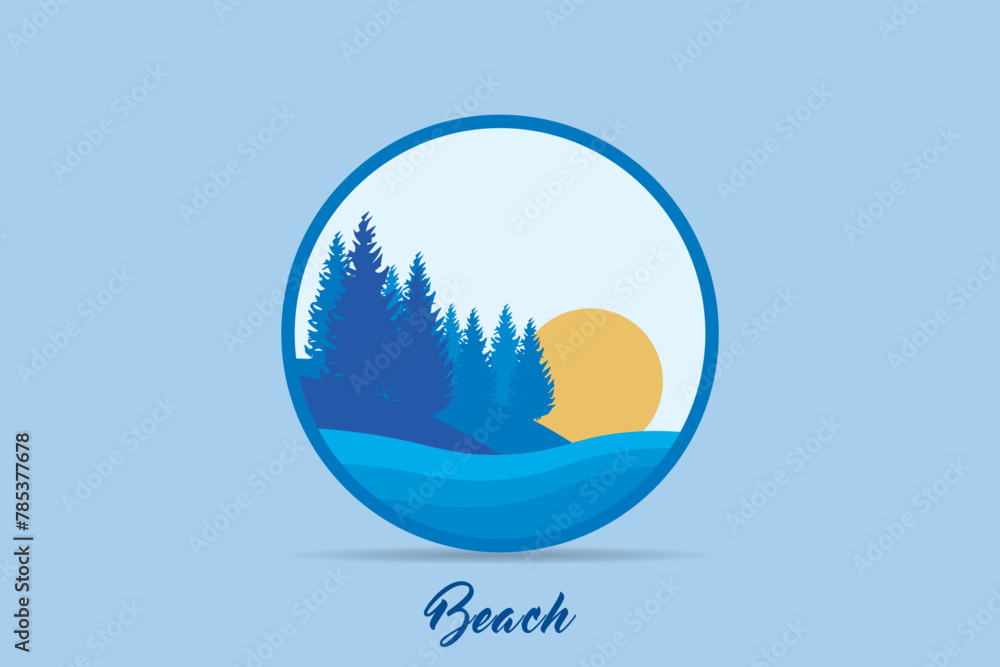 Scenery design, summer ocean, nature and beauty logo in circle shape.