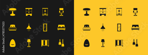 Set Office chair, Floor lamp, Big full length mirror, Wardrobe, Lamp hanging, Round table and Furniture nightstand icon. Vector