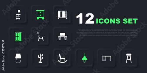 Set Office desk, Chair, Lamp hanging, Wardrobe, Coat stand, Furniture nightstand and Armchair icon. Vector