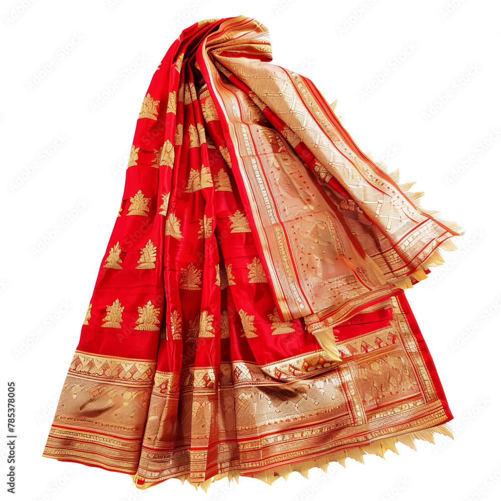 Traditional Red and Gold Indian Saree Draped Elegantly, Symbolizing Cultural Fashion and Heritage.