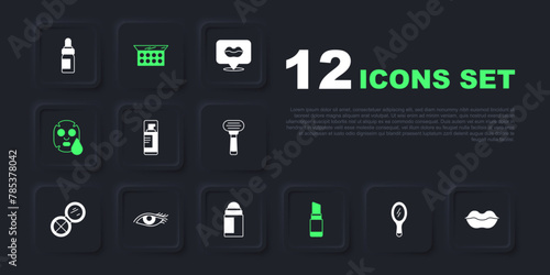 Set Hand mirror, Smiling lips, Shaving gel foam, Lipstick, Facial cosmetic mask, Woman eye, Makeup powder with and Deodorant roll icon. Vector