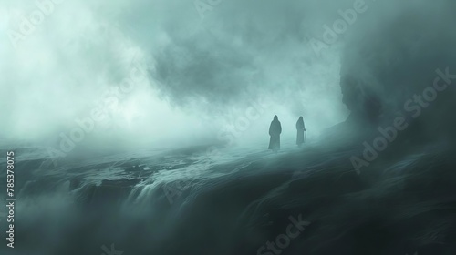 ethereal mist walkers navigating foggy realms mysterious fantasy landscape illustration