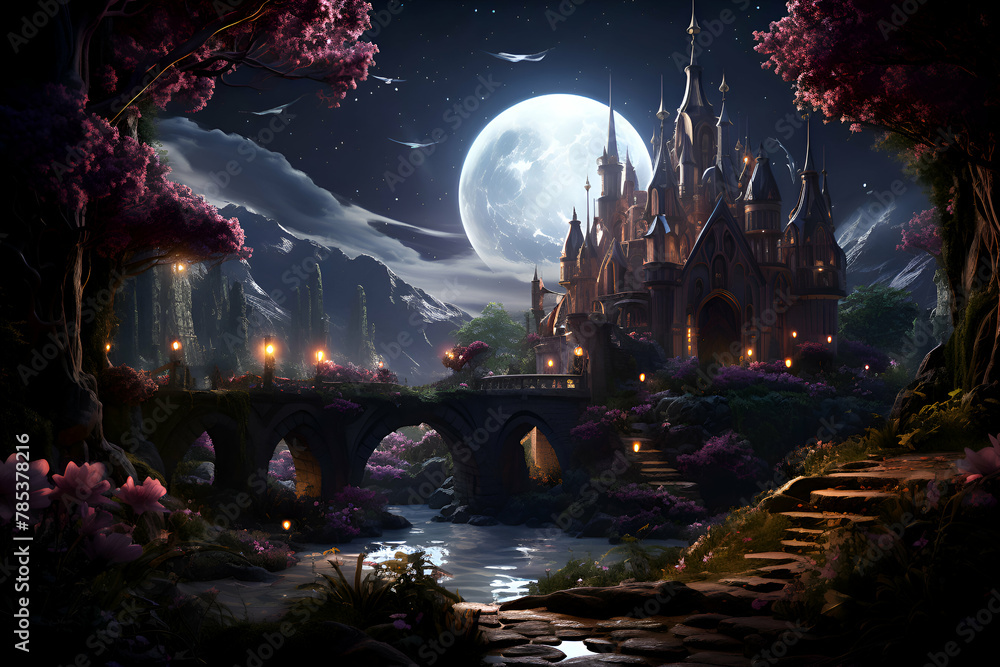 Fantasy landscape with fantasy castle and full moon. 3D rendering