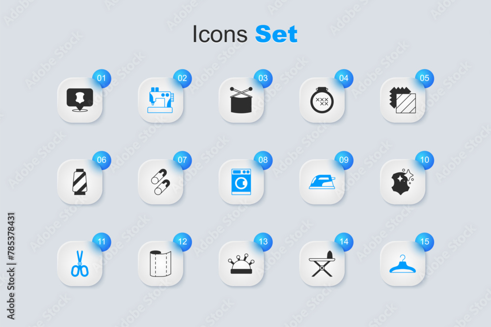Set Electric iron and ironing board, Closed steel safety pin, Sewing machine, Scissors, Hanger wardrobe, Leather, and Washer icon. Vector Set Electric iron and ironing board, Closed steel safety pin, Sewing machine, Scissors, Hanger wardrobe, Leather, and Washer icon. Vector