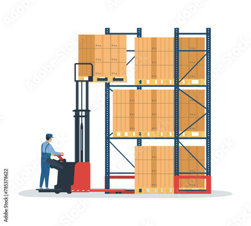 Worker and electric fork lifter lifting pallet onto warehouse rack. Vector illustration.