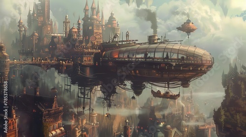 fantasy airship docked at a floating sky city with steampunk architecture digital painting illustration