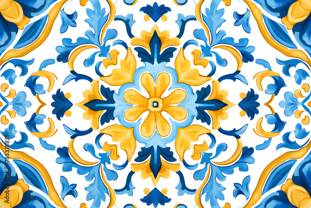 Pattern of azulejos tiles. Rustic blue and yellow tile watercolor seamless pattern. Pattern of azulejos tiles. Rustic blue and yellow tile watercolor seamless pattern.