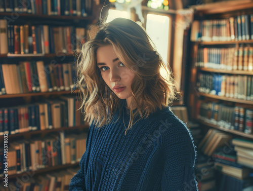 A woman is standing in a library with a book in her hand. She is wearing a blue sweater and has her hair in a ponytail. The scene is quiet and peaceful, with the woman looking directly at the camera