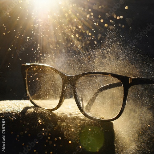 Reading glasses on the old book with dust glittering as golden sands coming from above. The power of knowledge.