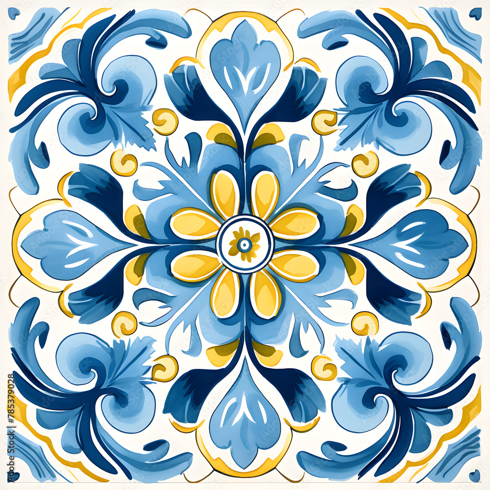 Fototapeta premium Pattern of azulejos tiles. Rustic blue and yellow tile watercolor seamless pattern.