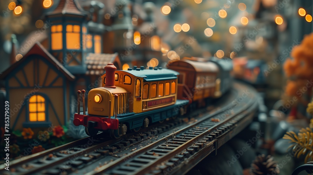 A toy train is rolling down the tracks in a small town