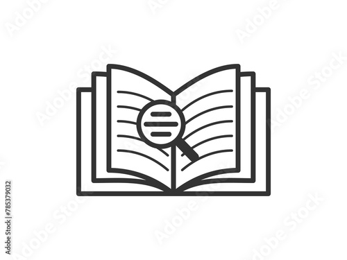 Book with magnifying glass for closer examination. Exploration and search within literature. Vector illustration featuring