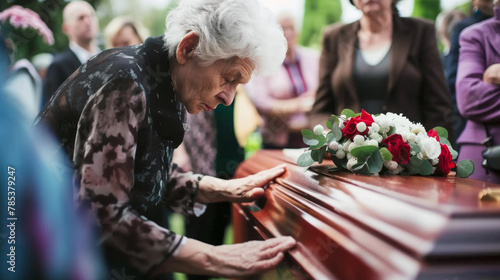 Woman crying near the coffin, funeral scene