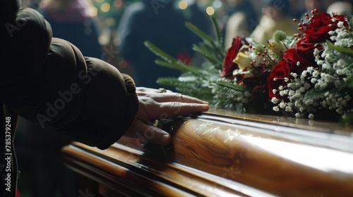 Hand touching a coffin  last goodbye