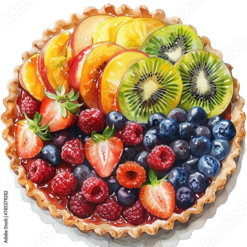 A watercolor painting of a fruit tart with strawberries  blueberries  raspberries  peaches and kiwi.