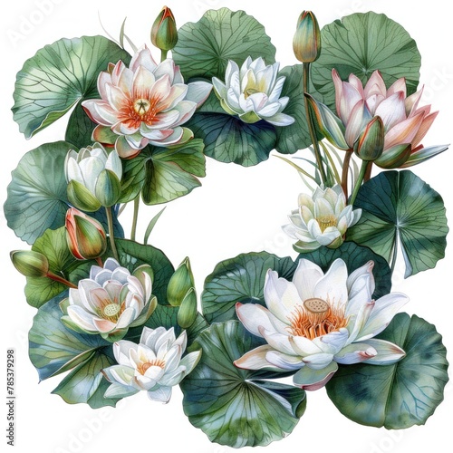 July Water Lily Wreath A serene watercolor wreath of water lilies indicating peace