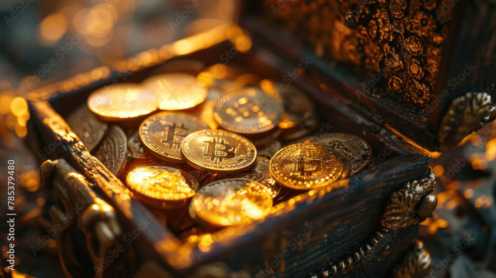 Old wooden chest full of golden Bitcoin - modern digital treasure Old wooden chest full of golden Bitcoin - modern digital treasure