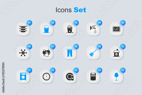 Set Trash can, Sponge, Bucket, Washer, Wine glass, House, Washing dishes and Drying clothes icon. Vector