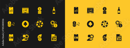 Set Bottle of wine, Hand holding casino chips, Casino, Playing card with clubs symbol, dollar, Online sports betting and poker table game icon. Vector