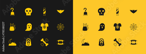 Set Flying bat, Funny and scary ghost mask, Shirt with skull, Crossed bones, Ghost, Candy, Pirate hook and Skull icon. Vector