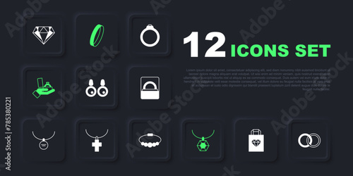 Set Shopping bag jewelry, Wedding rings, Earrings, Pendant on necklace, Diamond engagement box, Christian cross chain, and Bracelet icon. Vector