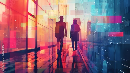 Couple walking through a colorful cityscape - A man and woman walk hand in hand as they merge with the vibrant urban landscape reflected upon wet ground