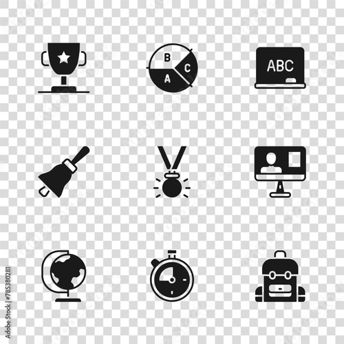 Set Stopwatch, Online class, School backpack, Medal, Chalkboard, Award cup, Pie chart infographic and Ringing bell icon. Vector