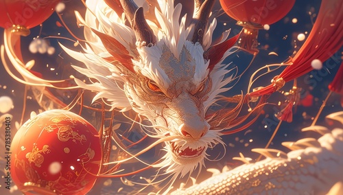 A Chinese dragon, surrounded by red lanterns 